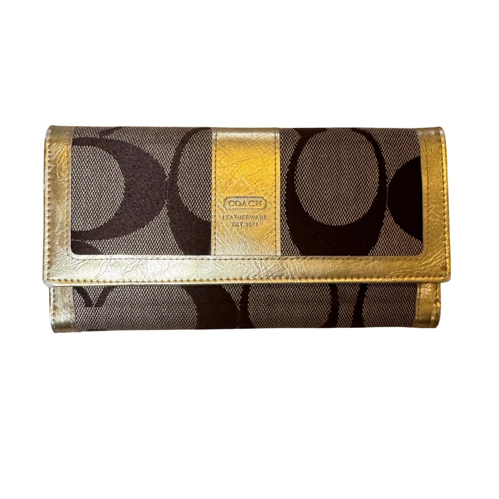 Vintage Coach Gold Metallic Signature Jacquard Y2K McBling Trifold Wallet Clutch
